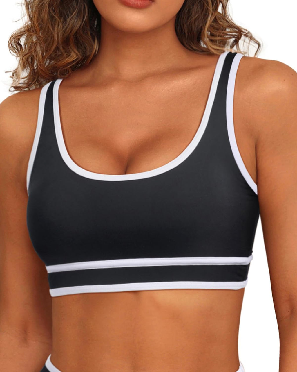 Tempt Me Black Women Sports Bra Bikini Top Color Block Bathing Suit Top Scoop Neck Swimsuit Top Athletic Crop Top for Teen Girls S